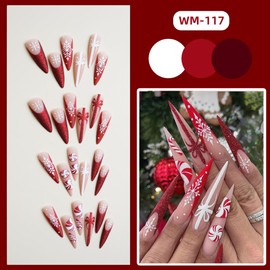 Christmas Press on Nails Long Stiletto Fake Nails Snowflake False Nails Matte Acrylic Nails Press ons with Ribbon Candy Designs Red Cute Xmas Nails Stick on Nails for Women Nails Decorations 24 Pcs