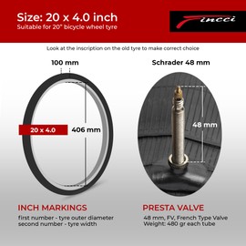 Fincci Fat Bike Inner Tubes 20 x 4.0 - Pair 100-406 mm with 48mm Presta Valve - For Fat Tire and Mountain, Electric & Road Bicycles - Suitable for Sand, Snow, Dirt & Trail Use - Pack of 2 accessories