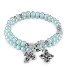 Wrap Around Rosary Bracelet Blue Pearl Beads Four Way Cross