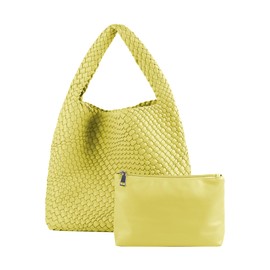 Hand Woven Tote for Women - Vegan Leather Handle Handbag, Travel Shoulder Hobo Bag, Beach Bag With Purse - Maize-Yellow