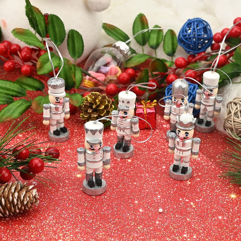 6 PCS Christmas Nutcracker Ornaments,Wooden Nutcracker Christmas Decoration Pendant,Silver Nutcracker