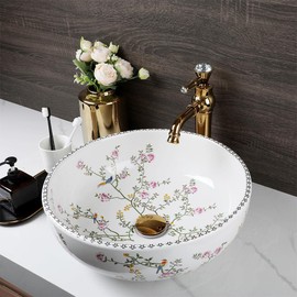 HM HomeMieco Flower and Bird Pattern 16"Bathroom White Ceramic Vessel Sink with Faucet and Drain Combo White Round Vessel Sink Bowl Hand Painted Porcelain Bathroom Sink Above Counter