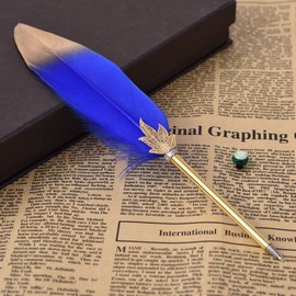 Quill Pen Vintage Feather Calligraphy Pen Refined Quill Ballpoint for Writing Signature or Gift Wedding Bridal (Blue)