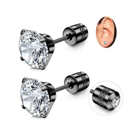 Titanium Screw Flat Back Stud Earrings Black Hypoallergenic Cubic Zirconia Stud Earring Stainless Steel Piercing Earring for Women and Men 6mm (White)