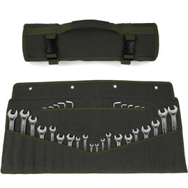 Heavy-Duty 32-Pocket Wrench Roll-Up Organizer - Made with 16 oz. Waxed Canvas, Fits Metric & SAE Wrenches, Perfect for Mechanics, DIYers, and Tool Storage (Army Green)