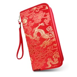 Women's Wallet Canvas Wristlets Bag Zip Around Clutch Holder Clutch with Removable Strap Featured Embroidered Multi-card Slot Wallet(Red Dragon)