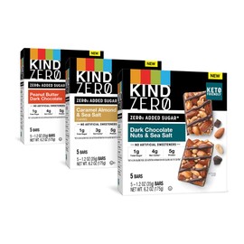 KIND ZERO Added Sugar Bars, Variety Pack, Dark Chocolate Nuts & Sea Salt, Caramel Almond & Sea Salt, Peanut Butter Dark Chocolate, Keto Friendly Snacks, Gluten Free, 5g Protein, 15 Count