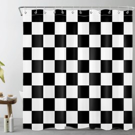 LB Black and White Check Shower Curtain 180 x 200 cm (W x H) Simple Geometric Anti-Mould Waterproof Bathroom Curtains, Modern Checked Art Decor Extra Long Polyester Fabric Bathroom Curtain with Hooks