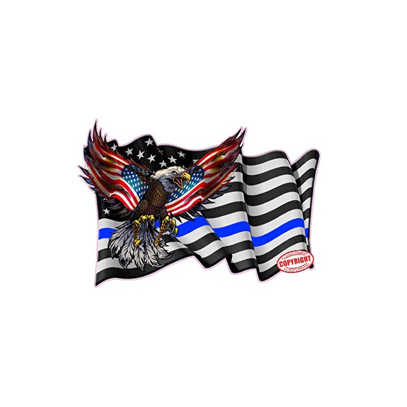 Thin Blue Line Waving American Flag Eagle Decal (18" x