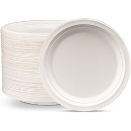50 x Round white Paper Plates [6Inch, 15cm ] Party Plates for Hot Food. Reusable Bagasse Sugar Cane plates for Weddings, Christmas and picnic. 8inch, 10inch (9 INCH)