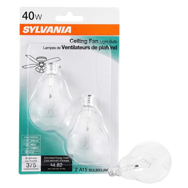 SYLVANIA Incandescent 40W A15 Ceiling Fan Light Bulb, E12 Candelabra Base, 375 Lumens, Clear Finish, 2850K, Warm White - 2 Pack (10029)