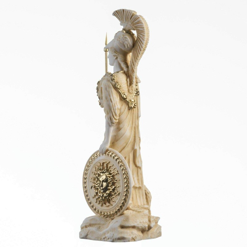 Athena With Owl Medusa Shield Greek Goddess Alabaster Statue Gold