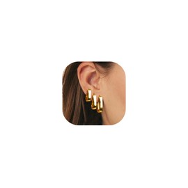 OOOPEL Gold Hoop Earrings Set for Women,14K Gold Plated Small Gold Earrings Sets Lightweight Square Thick Hoop Stacks for Multiple Piercing,Hypoallergenic Chunky Gold Earrings Set for Women Gift