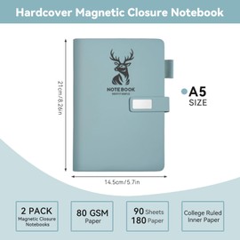 ZSWYUAY Journal Notebook Lined, 180 Pages A5 College Ruled Hardcover Leather Journals for Writing,Travel,Business,Work, 80 GSM Thick Paper with Pen & Magnetic Buckle 5.7" x 8.26" Light Blue