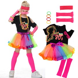 Firecos 80s Costumes for Children Cosplay Theme Suit Fancy Dress 80s Outfit Dress Accessories Set with Short Sleeve Tutu Skirt for Party Dress up for Girls (140CM)