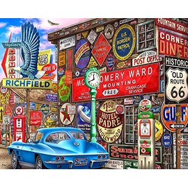 Springbok 's Route 66 - Rompecabezas nostálgico de 2000 piezas para adultos con señalización retro y autos clásicos, piezas cortadas con cinta