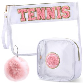 Sunnymove 3 Pcs Tennis Gifts Makeup Cosmetic Bag with Chenille Letter Patch Clear Toiletry Pouch Waterproof PVC Organizer Purse with Fluffy Tennis Ball Keychain Accessories for Women(Pink)
