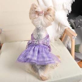 Small Dog Dress Harness Girl Female, No Pull Harnesses Outfit Apparel, Medium Summer Adjustable Puppy Plaid Skirt Vest Cat Clothes (Purple Dress+Leash, XXS)