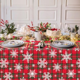 4 Pack Xmas Tablecloth Christmas Plaid Snowflake Table Cloth Red and Green Checkered Table Covers Xmas Buffalo Plaid Tablecloth Party Decorations for Christmas Holiday New Year Supply 51 x 86 Inch