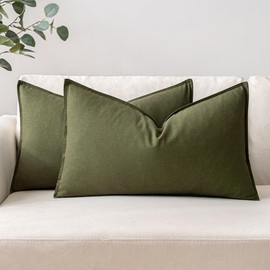 MIULEE Pack of 2 Olive Green Pillow Covers 12x20 Inch Decorative Couch Throw Pillow Covers Linen Cushion Covers Set Modern Farmhouse Home Decor for Sofa Living Room Bed