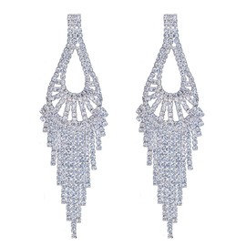 CHRAN Silver Crystal Teardrop Dangle Earrings Rhinestone Chandelier Bridal Jewelry Long Size 2.87"