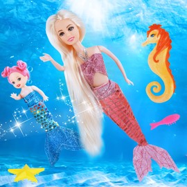 HAPITOIZ Princess Mermaid Doll with Little Mermaid & Seahorse Play Gift Set, Mermaid Toys with Doll Accessories and Exchange Clothes, Princess Toys for Toddlers Girls Boys 3 4 5 6 7 8