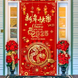 Chinese New Year Door Cover 2025 Year of The Snake Party Decorations Red Happy Snake Year Hanging Door Banner Spring Festival Party Supplies Favors for New Year Eve Front Door Indoor Outdoor
