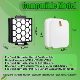 4 Foam and Felt Filters 2 HEPA Filters, Replacement for Shark Navigator Pet Pro ZU60 ZU62 ZU62C, Pet Plus NV251 NV255, Swivel Pro NV150 NV151 Upright Vacuum, Compatible with Part# 1238FT60 1239FT60