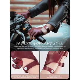 FIORETTO Women's Fingerless Leather Gloves for Driving & Motorcycle, Wine Red, Medium