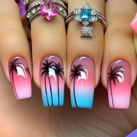 Summer Coconut Tree Press on Nails with Pink Blue Design Fake Nails Medium Square Full Cover Stick on Nail for Women Glossy Artificial Glue on Nail