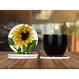AK Wall Art Vintage Sunflower Beautiful Design - Round Coasters, Natural Sandstone - Set of 4