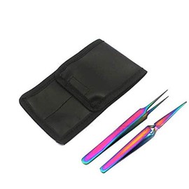 OdontoMed2011 Set of 2 Stainless Steel Multi Titanium Rainbow Color 3D Eyelash Extension Tweezers A Type Straight + X Type Self Retracting Straight Fine Point Jewelry-Making, Laboratory Work