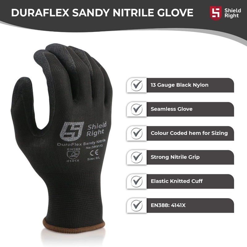 Shield Right DuraFlex Sandy Nitrile Work Gloves,13 Gauge Black Nylon,12
