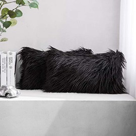 Phantoscope Pack of 2 Faux Fur Throw Pillow Covers Cushion Covers Luxury Soft Decorative Pillowcase Fuzzy Pillow Covers for Bed/Couch,Black 12 x 20 Inches