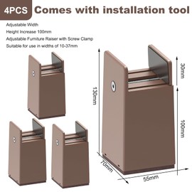 idudu Set of 4 Adjustable Bed Raisers, Furniture Raisers, 10 cm, with Screw Clamp, Heavy Duty Chair Raisers, Furniture Raisers for 10-37 mm Wide Square & Round Chair Leg