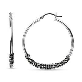 LeCalla 925 Sterling Silver Bali Hoop Earrings Jewelry Oxidized Balinese Click-Top Large Hoop Earrings for Women - 60mm