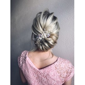 Kercisbeauty Wedding Bridal Bridesmaids Flower Girl Vintage Tiny Pearl Beads Purple and Blue Rhinestones White Flower Headband with Comb Bridal Hair Comb Headpiece Long Curly Bun Hair (Silver)