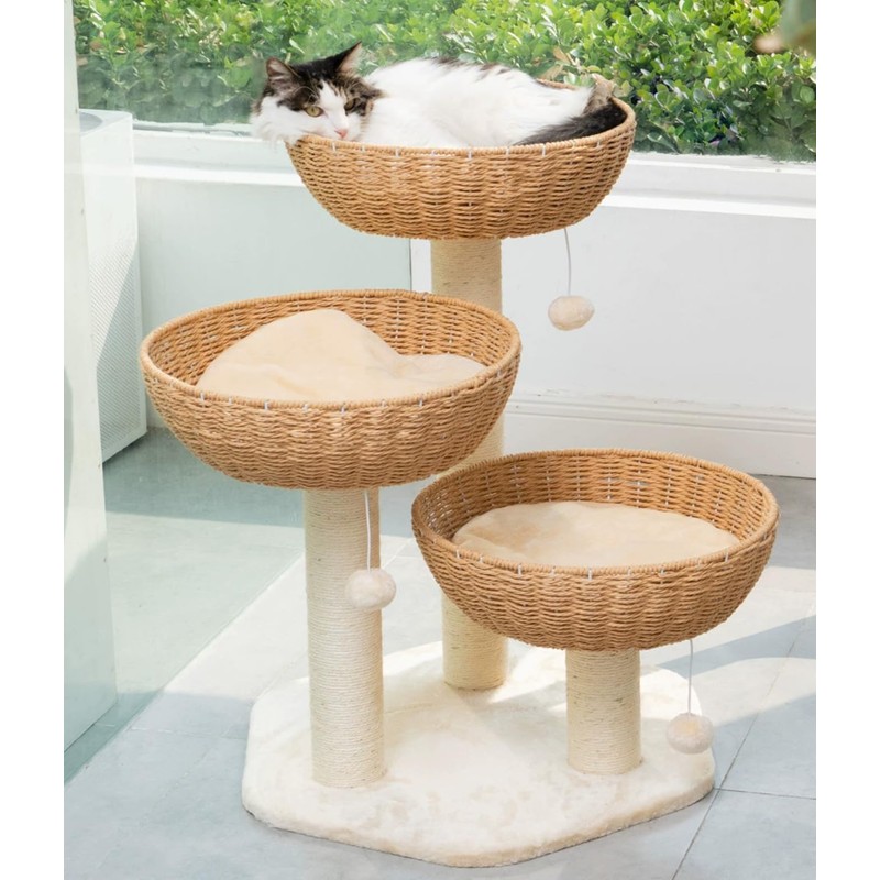 SHENGOCASE Cat Tree Tower with Rattan Wicker Basket, 3 Handwoven