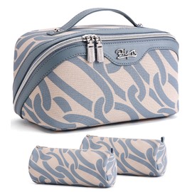 BOYATU Travel Makeup Bag for Women: Large Capacity 3-Piece Cosmetic & Toiletry Organizer - Expands Storage by 50% with 2 Detachable Pouches,Opens Flat for Easy Packing,Waterproof PU Leather(Blue)