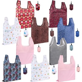 10 Pack Reusable Grocery Bags, Large 50LBS Foldable Reusable Grocery Nylon Shopping Tote Bags, Machine Washable Waterproof (T-shirt style)