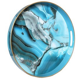 Spsyrine Round Decorative Tray, Plastic Serving Table Tray with Handles for Breakfast, Modern Ottoman Tray Marbel Tray for Coffee Table, Bathroom, Kitchen, Living Room 13"