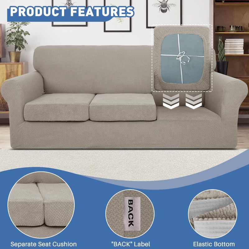 JIVINER 4 Pieces Couch Covers for 3 Cushion Couch Stretch