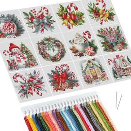 Huacan Cross Stitch Kits 12 Pieces Mini Painting Embroidery Christmas Cross Stitch 11CT Snow Craft Embroidery for Adults Home Wall Interior Decoration