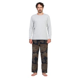 LAPASA Men's Fleece Pajama Set Top Bottom Pants Plaid Shirt Long Sleeves Sleepwear Pocket Lounge Nightwear PJ Warm Cozy M129 Medium (Cotton Top+fleece Bottom) Light Heather Gray + Green Camouflage
