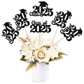 12 PCS 2025 Graduation Theme Centerpiece Sticks Class of 2025 Graduation Cap Diploma Table Flower Centerpiece 2025 Senior Graduation Floral Decorations for 2025 Graduation Theme Party Supplies Black