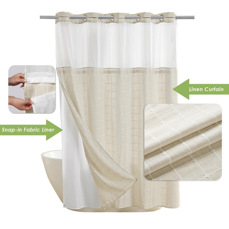 Nesphy No Hook Shower Curtain with Snap in Liner, Beige
