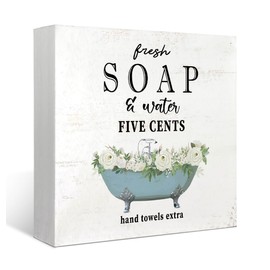 Mtrgdn Bathroom Signs Funny Wood Box Sign, Farmhouse Fresh Soap and Water Desk Decor, Rustic Wooden Block Plaque for Bathroom Shelf Table Home 5x5 Inch