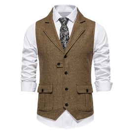 Allthemen Mens Formal Waistcoat Sleeveless Tweed Business Waistcoats V Neck Classic Suit Vest with Pockets Brown M