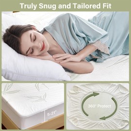 Full Waterproof Mattress Protector, Rayon Made from Bamboo Mattress Pad Cover New Pattern, Soft Breathable Cooling Mattress Pad Cover, Deep Pocket up to 21” Tightly Fitted Mattress Protection
