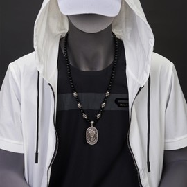 COOLSTEELANDBEYOND Gothic Style Mens Black Onyx Beads Necklace with Old Silver Stainless Steel Lion Head Shield Pendant, Synthetic Black Onyx, No Gemstone